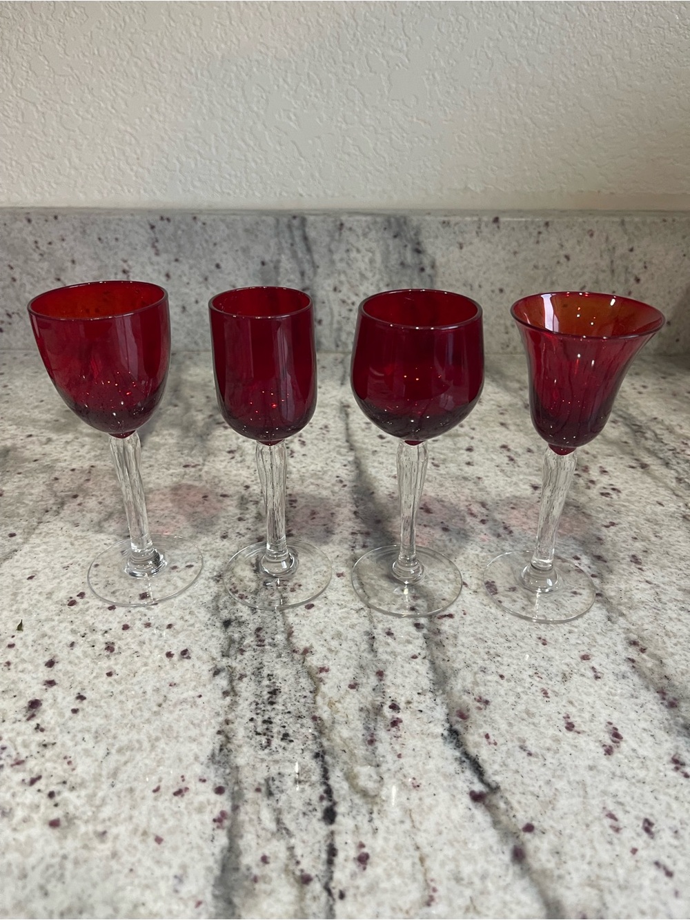 Crate&Barrel Red with clear stems cordial glasses - Set of 4